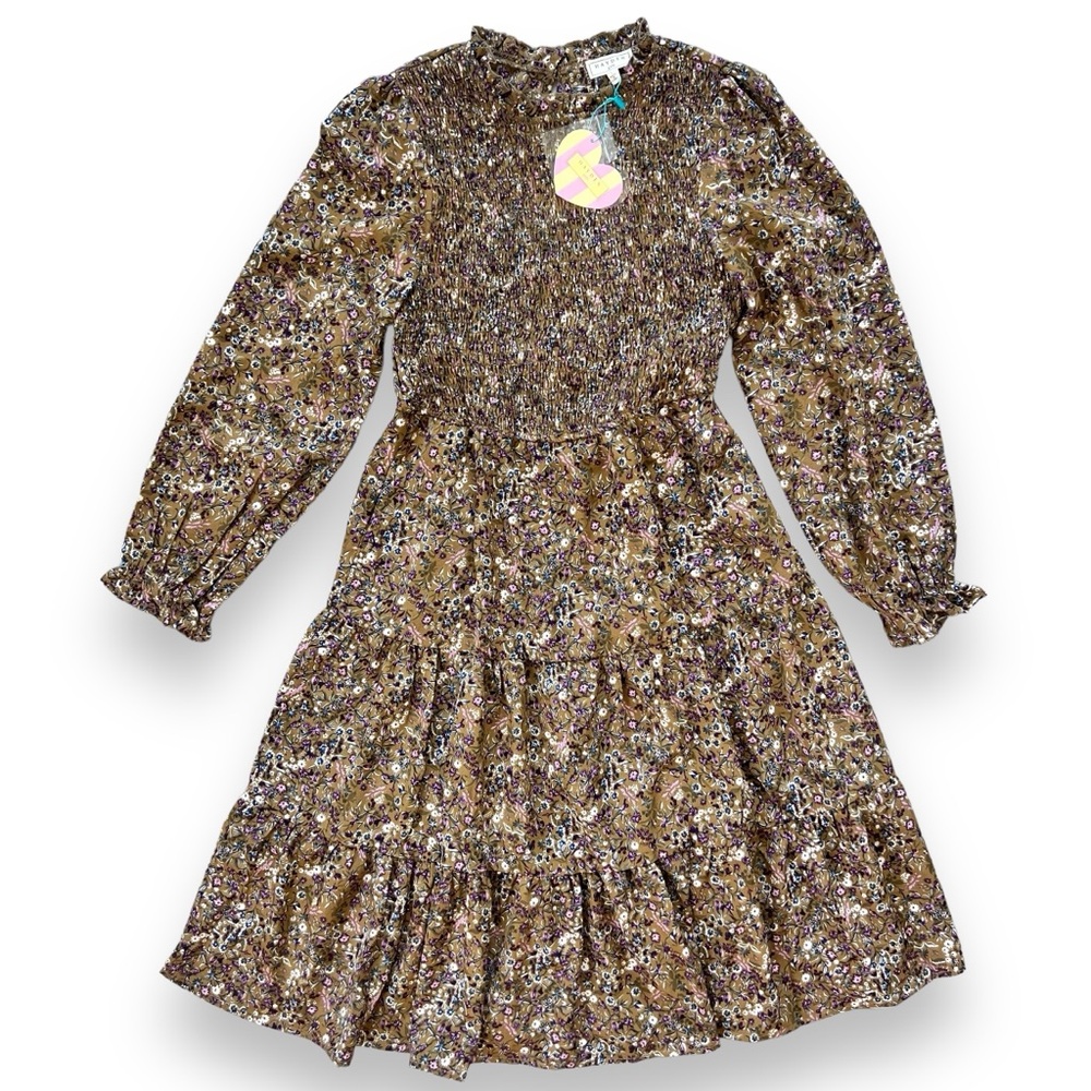 NWT Hayden Girls Floral Ruffle Neck Smock Detail Dress in Olive Color